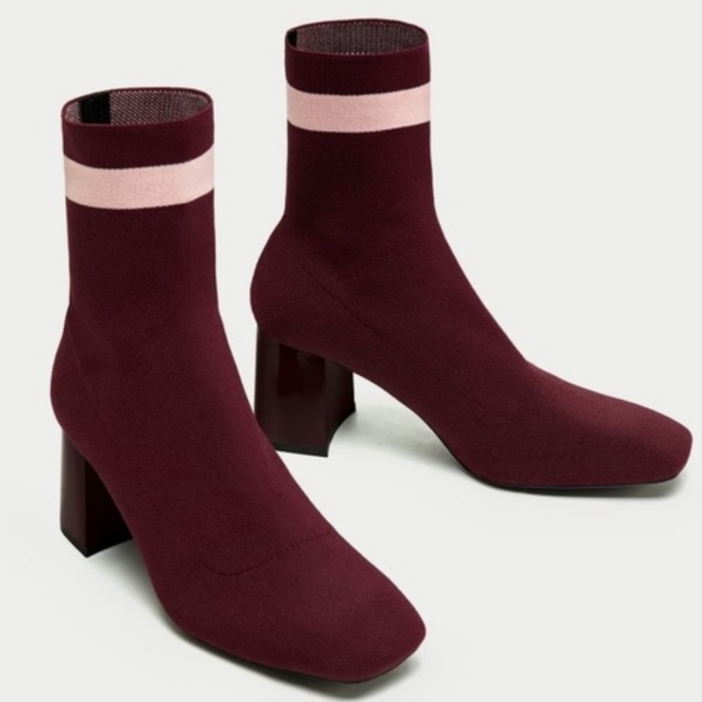 Zara Burgundy Sock Ankle Boots